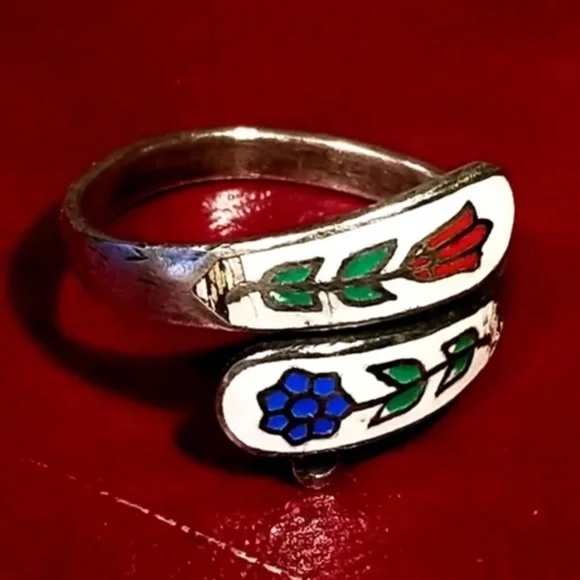 Vintage Sterling Silver Cloisonné Floral ring Thailand size 6 - Picture 4 of 5